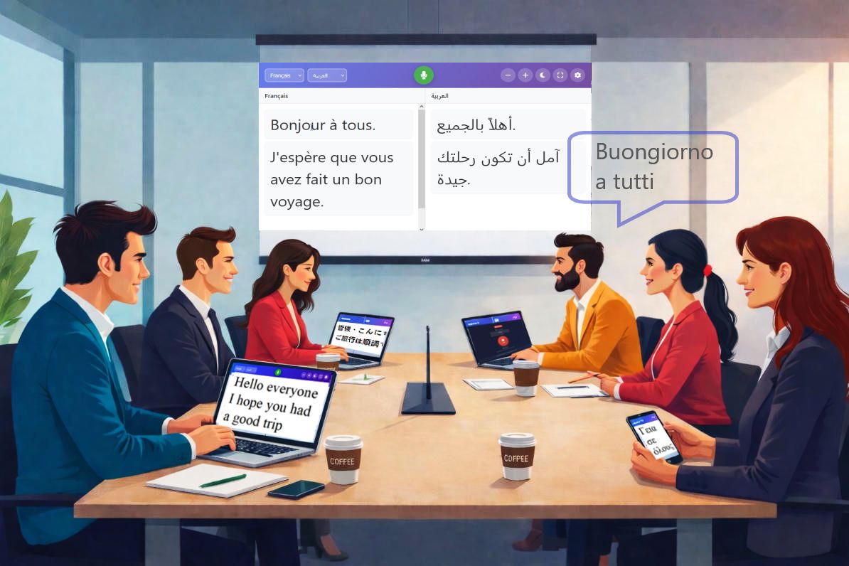 Conference room with participants viewing real-time translations on their devices while a shared screen displays multilingual content